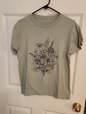 Fifth Sun Sage Green Tee with Black Floral Sketch